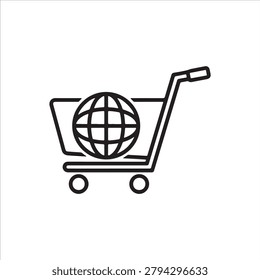 Shopping cart with globe icon, global online store and ecommerce symbol