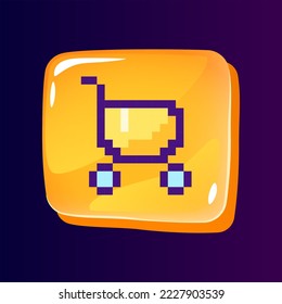 Shopping cart glossy ui button with pixelated color icon. Order online. Business on internet. Editable 8bit graphic element on shiny glass rectangle shape. Isolated image for arcade, video game design