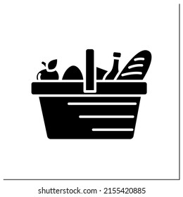 Shopping cart glyph icon. Full basket of food, grocery. Special offer or sale concept. Mobile retail store or supermarket. Online shopping. Filled flat sign. Isolated silhouette vector illustration