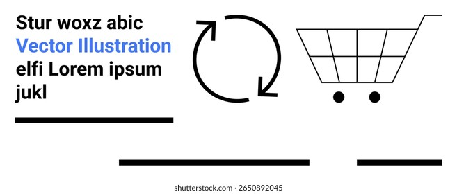 Shopping cart graphic with circular arrows representing recycling, accompanied by text placeholders. Ideal for online shopping, e-commerce platforms, product pages, sustainability, retail marketing