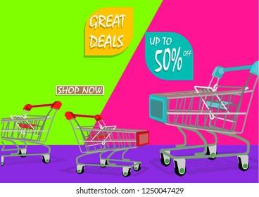 Shopping cart. Great Deals and Up To 50% Off Shop Now text on green and pink background. E-commerce and business marketing concept