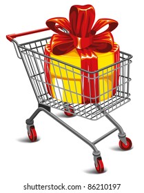 Shopping cart with a great gift. Detailed vector illustration.