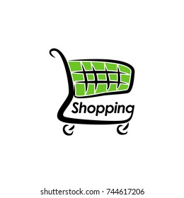 shopping cart green hand drawn vector logo