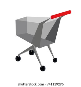 shopping cart grey red transparent wheels, handle vector 3D icon back