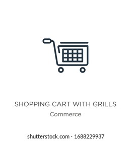 Shopping cart with grills icon. Thin linear shopping cart with grills outline icon isolated on white background from commerce collection. Line vector sign, symbol for web and mobile
