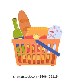 Shopping cart with groceries. Baguette and milk package. Natural and organic products. Bottle with wine. Poster or banner. Cartoon flat vector illustration isolated on white background