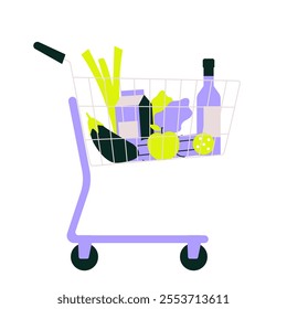 Shopping Cart With Groceries In Flat Vector Illustration Symbolizing Supermarket Shopping, Daily Essentials, And Healthy Lifestyle, Isolated On White Background.