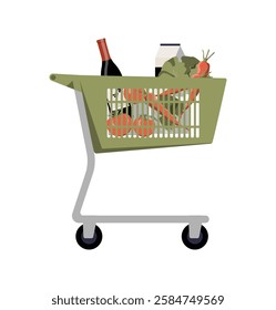 Shopping Cart With Groceries In Flat Vector Illustration Symbolizing Supermarket, Grocery Shopping, And Retail Purchases, Isolated On White Background