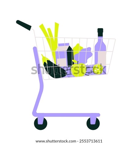 Shopping Cart With Groceries In Flat Vector Illustration Symbolizing Supermarket Shopping, Daily Essentials, And Healthy Lifestyle, Isolated On White Background.