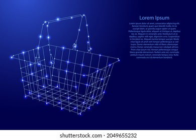 Shopping cart for groceries from futuristic polygonal blue lines and glowing stars for banner, poster, greeting card. Vector illustration.
