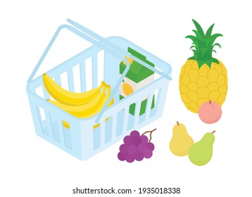 Shopping cart, groceries set. Isometric vector illustration in flat design.