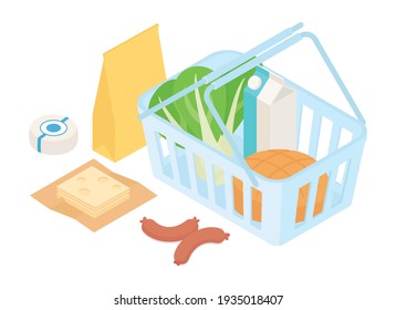 Shopping cart, groceries set. Isometric vector illustration in flat design.