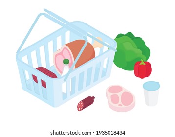 Shopping cart, groceries set. Isometric vector illustration in flat design.