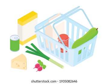 Shopping cart, groceries set. Isometric vector illustration in flat design.