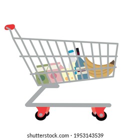 Shopping cart with groceries in the supermarket