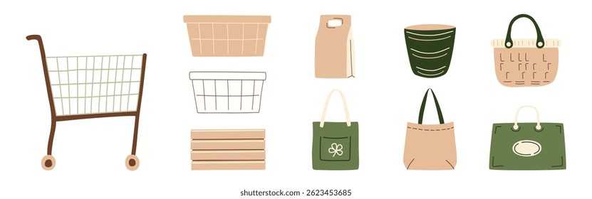 Shopping cart, grocery basket, reusable eco bag, paper bag, wooden crate, hand-drawn market containers, retail packaging design, sustainable shopping icons, zero waste store supplies. Vector