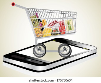 Shopping cart with grocery items with smartphone. 
