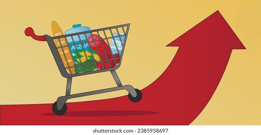 Shopping cart with grocery products and arrow on yellow backgrou