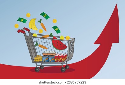 Shopping cart with grocery products and arrow on grey background