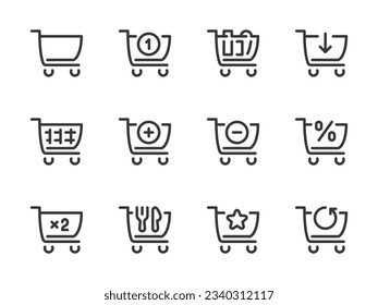 Iconos de línea vectorial de carrito de compras y de carrito de compras. Juego de iconos de contorno del carro del supermercado.