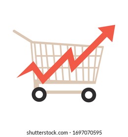 shopping cart growth up arrow, rising food prices, flat style icon vector illustration