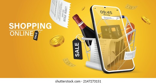 shopping cart had bottles, bread and credit card inside.smartphone is placed in front of the shopping cart. all on a yellow background . mobile shopping concept.Convenient, fast and secure payment.