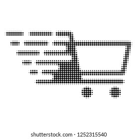 Shopping cart halftone dotted icon with fast speed effect. Vector illustration of shopping cart designed for modern abstract with symbols of speed, rush, progress, energy.
