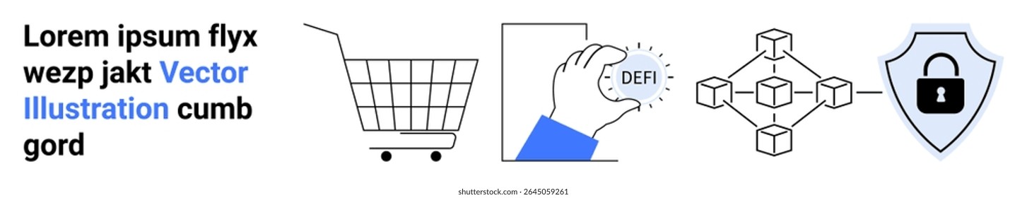 Carrinho de compras, mão segurando DEF moeda, blockchain rede, escudo com lock showcase compras on-line, criptomoedas, blockchain, segurança digital e integração de tecnologia. Ideal para e-commerce