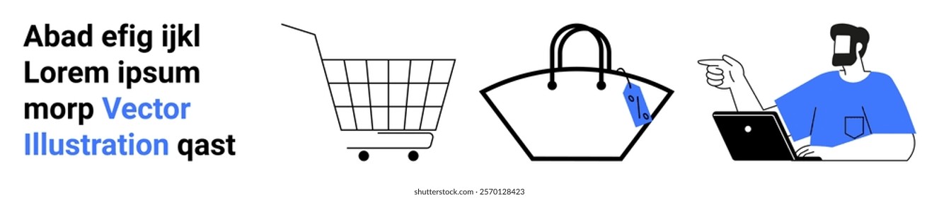 Shopping cart, handbag, and man with laptop. Ideal for e-commerce, online shopping, digital retail, customer service, and product marketing. Banner for landing page