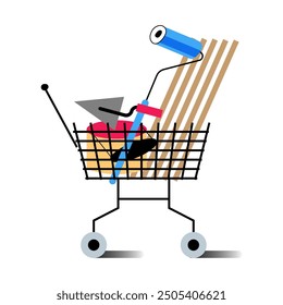 Shopping cart in hardware store. Shop trolley with bucket of paint and plaster, trowel, roller and other tools. Construction store basket emblem. Flat vector illustration isolated on transparent.