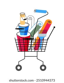 Carrito de compras en la ferretería. Carro de la tienda con cubo de pintura y yeso, paleta, rodillo y otras herramientas. Emblema de la cesta de la tienda de construcción. Ilustración vectorial plana aislada en transparente.