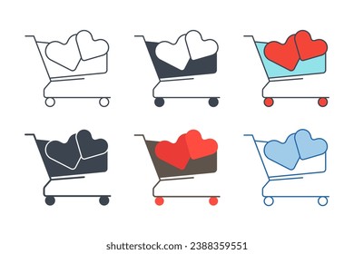 Carro de compras con colección de iconos Corazón con estilos diferentes. carro de caridad con símbolo de corazón ilustración vectorial aislado en fondo blanco