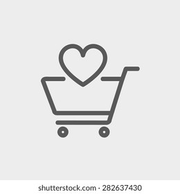 Shopping cart with heart icon thin line for web and mobile, modern minimalistic flat design. Vector dark grey icon on light grey background.