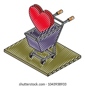 shopping cart with heart isometric icon