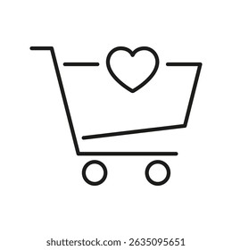 Shopping Cart With Heart Line Icon. Customer Loyalty, Favorite Products, And Wishlist Symbol. E-Commerce And Online Shopping Concept. Editable Stroke. Isolated Vector Illustration.