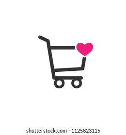Shopping cart with heart pink sign. simple icon isolated on white background. Store trolley with wheels. Fat vector Illustration. Good for web and mobile design. Favorite purchase