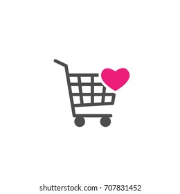 Shopping cart with heart pink sign. simple icon isolated on white background. Store trolley with wheels. Fat vector Illustration. Good for web and mobile design. Favorite purchase