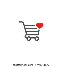 Shopping cart with heart redsign. simple icon isolated on white background. Store trolley with wheels. Fat vector Illustration. Good for web and mobile design. Favorite purchase
