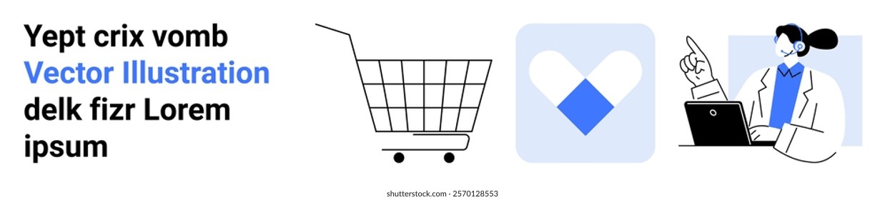 Shopping cart, heart symbol, and woman in lab coat with laptop. Ideal for e-commerce, online medical consultation, love and affection, internet services, and customer support. Banner for landing page