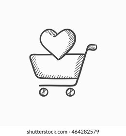 Shopping cart with heart vector sketch icon isolated on background. Hand drawn Shopping cart with heart icon. Shopping cart with heart sketch icon for infographic, website or app.