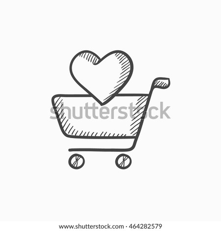 Shopping cart with heart vector sketch icon isolated on background. Hand drawn Shopping cart with heart icon. Shopping cart with heart sketch icon for infographic, website or app.
