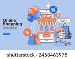 Shopping cart holds mobile phones and food bags. E-commerce advertising illustration. fast online delivery service. package box with groceries out of mobile screen. Food delivery. vector