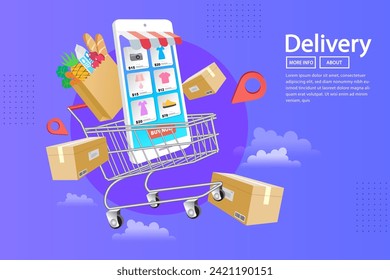 Shopping cart holds mobile phones and food bags. E-commerce advertising illustration. fast online delivery service. package box with groceries out of mobile screen. Food delivery. vector