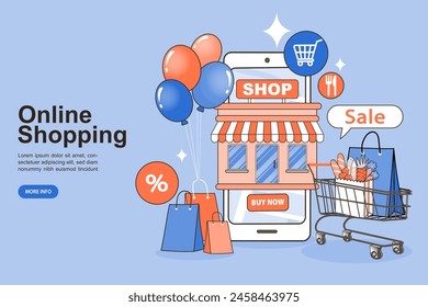 Shopping cart holds mobile phones and food bags. E-commerce advertising illustration. fast online delivery service. package box with groceries out of mobile screen. Food delivery. vector