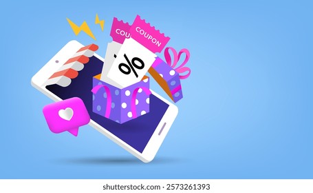 Shopping cart holds mobile phones and food bags. E-commerce advertising illustration. Online delivery service. Flash sale, Discount store , price tag, Coupon Vector, Flat design and illustration.