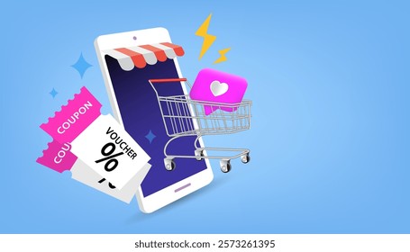 Shopping cart holds mobile phones and food bags. E-commerce advertising illustration. Online delivery service. Flash sale, Discount store , price tag, Coupon Vector, Flat design and illustration.