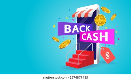 Shopping cart holds mobile phones and food bags. E-commerce advertising illustration. fast online delivery service. package box with groceries out of mobile screen. Food delivery. vector