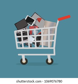 Shopping cart with home appliances and electronics. Vector illustration.