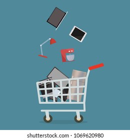 Shopping cart with home appliances and electronics. Vector illustration.