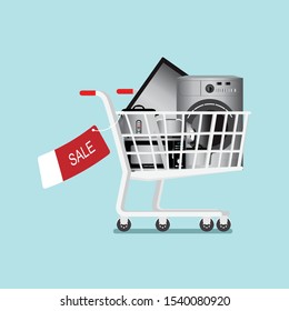 Shopping cart with home appliances and electronics. Sale web site page and mobile app design. vector illustration.